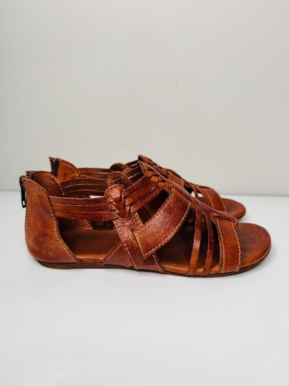 BedStu Cara Cognac Dip Dye Sandals Womens 8 Brown Leather Strappy Boho Zip Heel